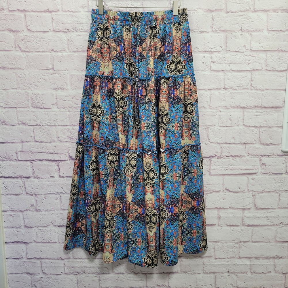 Lepunuo Boho Tiered Maxi Skirt M Elastic Waist Blue Paisley Floral Gypsy Hippie